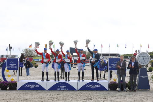 The victorious Danish team stand proud on the podium after an exhilerating win on home soil at the Longines EEF Series Stutteri Ask qualifier on Sunday 25 May 2025.  L to R : Soren Moeller Rohde, Caroline Rehoff Pedersen, Zascha Nygaard Lill, Andreas Schou and Chef d’equipe Bo K. Moller © EEF/ridehesten
