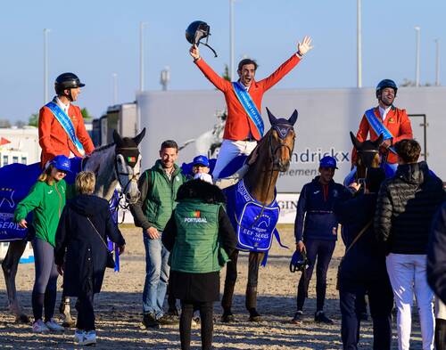 Portugal celebrate their win at the opening regional qualifier of the 2025 season of the Longines EEF Series in Lier, Belgium. © EEF/ Pegasus photo / CSI Lier