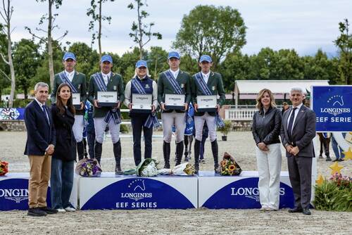Team Ireland celebrate their win top of the podium at the Longines EEF Series Nations Cup CSIO3* Scuderia La Caccia on Friday 15 May 2026. 