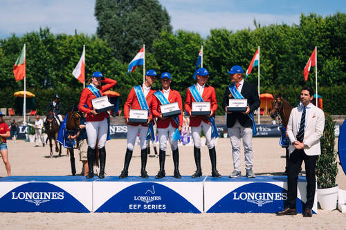 Image : Team Belgium take top spot on the podium at the Longines EEF Series semi final at Deauville, France on Friday 20 June 2025 and secure their place at the series Final in September. L to R : Zoe Conter, Roy van Beek, Sacha Beghuin, Mathieu Bourdeaud'hui and Chef d’equipe Filip Lacus. © EEF / Cecile Sablayrolles