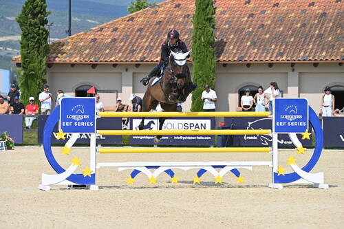  Roberto Previtali and I'm Special Mess PS flying high to a victorious win in Thessaloniki at the Region South qualifier of the Longines EEF Series 2025 on Sunday 1 June 2025. © EEF