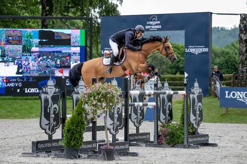 Geir Gulliksen and mount Island V G delivered the fastest clear round of the jump-off in 31.92 seconds to secure the win at the Longines EEF Series CSIO3* Drammen qualifier on Friday 12 June 2026. © EEF/ Kristian Strøm