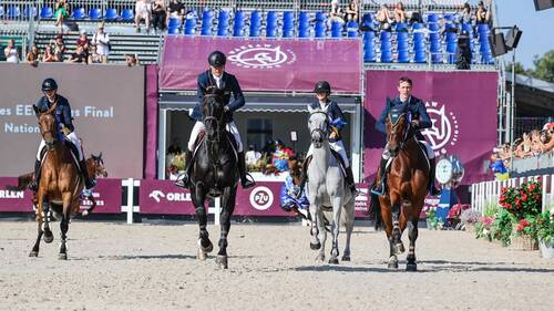 Team Ukraine celebrated their podium finish at the 2023 Longines EEF Series Final. © EEF