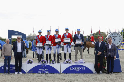 Team Denmark celebrate their back to back win on home soil at the Longines EEF Series CSIO3* Stutteri Ask on Friday 22 May 2026. L to R: Zascha Nygaard, Laura Baaring Kjaergaard, Soren Moeller Rohde, Andreas Schou And Chef D’equipe Bo K Moeller © EEF