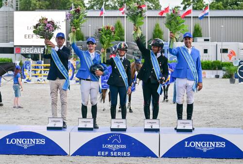 Team Italy stand proud on the podium following their impressive victory in Budapest at the Longines EEF Series semi final on Friday 27 June 2025. L to R: Chef d’equipe Mario Verheyden, Giacomo Bassi, Giulia Martinengo Marquet,  Bruno Chimirri and Roberto Turchetto. © EEF/ photohajdu.