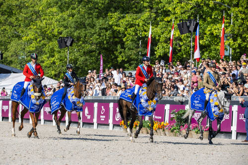left to right - Emanuele Camilli (ITA) & Chacco's Girlstar - Giulia Martinengo Marquet (ITA) & Scuderia 1918 Calle Deluxe - Piergiorgio Bucci (ITA) & Hantano  - Alberto Zorzi (ITA) & Cortez van't Klein Asdonk Z at the Longines EEF Jumping Nations Cup Final - Warsaw Jumping equestrian event, Warsaw, Poland, 4th of September to 8th of September, 2024. PC Lukasz Kowalski