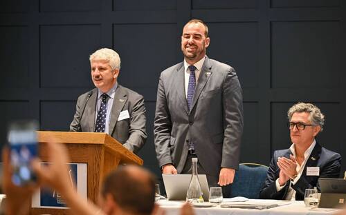 EEF Presidential Candidate Quentin Simonet, centre, is elected president for a second term during the EEF General Assembly 2026 at Hyatt Centric Hotel in the Liberties, Dublin. Photo by Sam Barnes/Sportsfile *** NO REPRODUCTION FEE ***