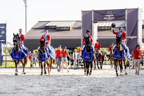 Image: Team Switzerland enjoy the atmosphere as they salute the crowd during their victory lap following an incredible win at the Longines EEF Series CSIO3* Bratislava on Friday 13 June 2025. L to R: Gaetan Joliat & Chelsea Z, Anthony Bourquard & Everest d’Ellipse, Barbara Schnieper & Canice and Martin Fuchs & Fortjump du Beauménil © EEF/ Jan Vlcek @equifo.cz