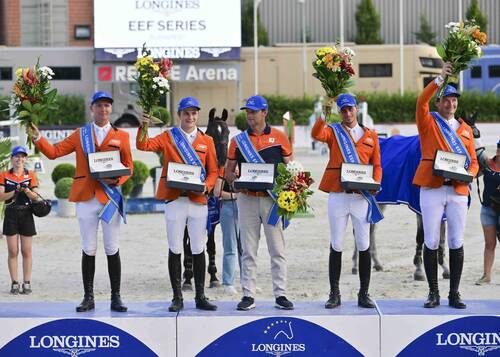 Image: A flawless performance by the Netherlands with all four riders competing double clear rounds secured the win at the CSIO3* Budapest (HUN) semi-final in 2024 L to R: Ruben Romp, Mans Thijssen, Chef d’equipe Vincent Voorn, Lars Kersten & Henk Frederiks © EEF 
