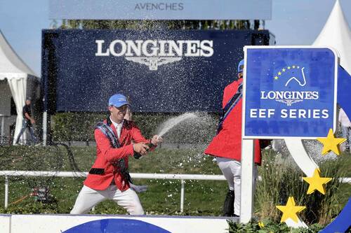 Champagne shower celebrations for Team Belgium at the 2026 Longines EEF Series Final Avenches (SUI) © EEF