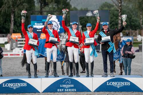 Image: The Belgian team stand proud on the podium taking the win at the Longines EEF Series CSIO3* Drammen qualifier, Region North on Saturday 7 June 2025. L to R: Mathieu Guery, Bart Jay Junior Vandecasteele, Leon Brutsaert, Evelyne Putters and Chef d'Equipe: Filip Lacus © EEF/ Kristian Strøm