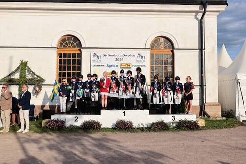 Dressage team podium - Denmark secured victory in the Senior team championship with home nation Sweden second and Norway third at the Nordic Baltic Equestrian Championships 2026, Strömsholm (SWE)  © Erik Vässmar/Equisport.