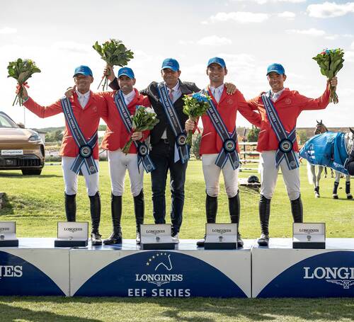 Team Switzerland celebrate atop the podium at the Longines EEF Series South Central Semi Final in Samorin (SVK) on Friday 10 July 2026 L to R: Pius Schwizer, Adrian Schmid, Chef d'Equipe Daniel Etter, Bryan Balsiger and Anthony Bourquard © EEF